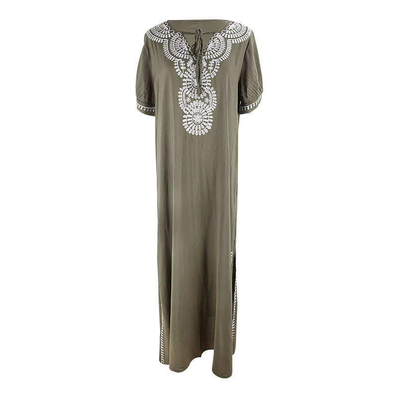 Rayon Army Green Short Sleeve Embroidered Beach Jacket Vacation Robe Beach Cover Up Outer Wear Dress Women Bella Mia